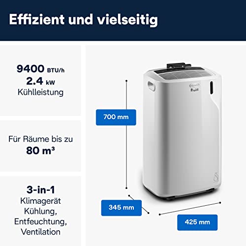 De'Longhi Pinguino PAC EM82, Mobile Klimaanlage für Räume bis zu 80 m³, 9.400 BTU, 2,4 kW, 63 dB, Entfeuchtungsfunktion, Energieklasse A, 24h-Timer