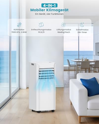 Electactic Mobile Klimaanlage 7000 BTU, 4-in-1 Mobiles Klimagerät mit Abluftschlauch & Ventilator & Luftentfeuchter, Klimagerät Mobil Digitaldisplay