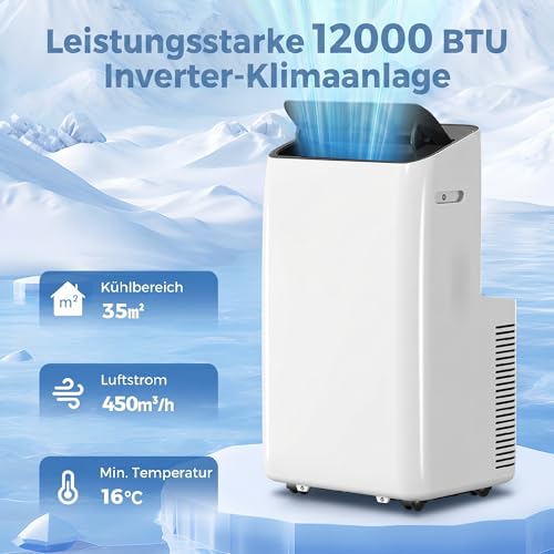 HOMCOM Mobiles Klimagerät 12000 BTU 6-in-1 Inverter Mobile Klimaanlage mit Abluftschlauch, Kühlen, 84L/Tag Entfeuchten, Ventilieren, Auto-, ECO- und