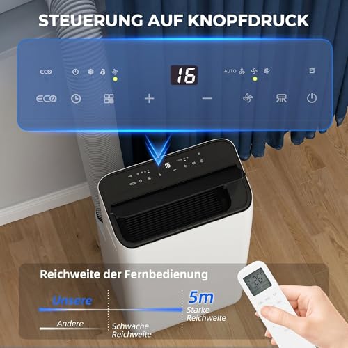 HOMCOM Mobiles Klimagerät 12000 BTU 6-in-1 Inverter Mobile Klimaanlage mit Abluftschlauch, Kühlen, 84L/Tag Entfeuchten, Ventilieren, Auto-, ECO- und