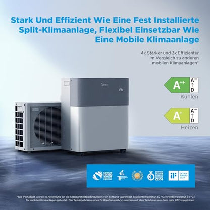 Midea Portasplit Mobile Wärmepumpe, Klimaanlage, Kühlen A++/Heizen A+, 12000 BTU 3, 5kW, für Räume bis zu 42 m² / 105 m³, nur 39 dB(A) im Silent-Modus