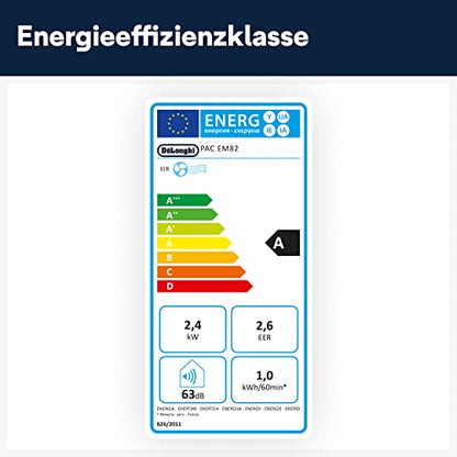De'Longhi Pinguino PAC EM82, Mobile Klimaanlage für Räume bis zu 80 m³, 9.400 BTU, 2,4 kW, 63 dB, Entfeuchtungsfunktion, Energieklasse A, 24h-Timer