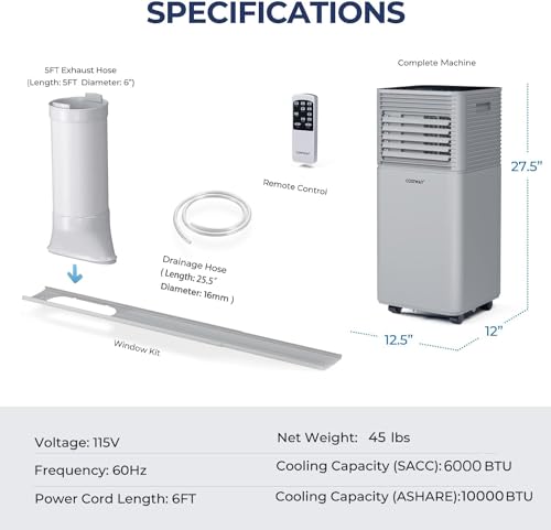 COSTWAY Tragbare Klimaanlage, 10000 BTU 4 in 1 Klimaanlage Kühlung für Räume bis zu 350 Quadratmeter, mit Fernbedienung, 24-Stunden-Timer und Kit