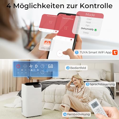 HOMCOM Mobiles Klimagerät mit Abluftschlauch 12000 BTU 3,5 kW, 4-in-1 Mobile Klimaanlage mit Kühlen, Ventilieren, Entfeuchten, Schlafmodus