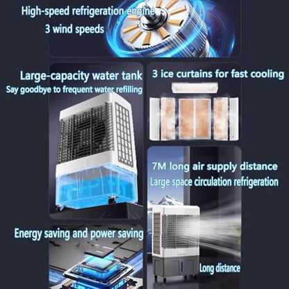 Klimaanlage 3-IN-1 Verdunstungskühlgerät mit großem Wassertank, 3 Modi, 3 Geschwindigkeiten,12-Stunden-Timer,Kühlventilator und 120°