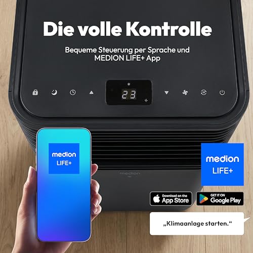 MEDION Smarte Mobile Klimaanlage mit Abluftschlauch P701 (7000 BTU, mobil, inkl. Fensterabdichtung, bis 25m², 3in1 Kühlen Entfeuchten Ventilieren