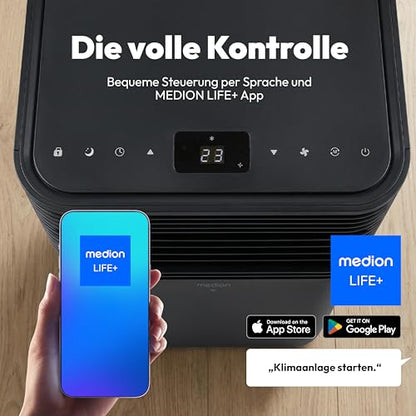 MEDION Smarte Mobile Klimaanlage mit Abluftschlauch P701 (7000 BTU, mobil, inkl. Fensterabdichtung, bis 25m², 3in1 Kühlen Entfeuchten Ventilieren