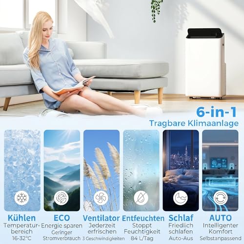 HOMCOM Mobiles Klimagerät 12000 BTU 6-in-1 Inverter Mobile Klimaanlage mit Abluftschlauch, Kühlen, 84L/Tag Entfeuchten, Ventilieren, Auto-, ECO- und
