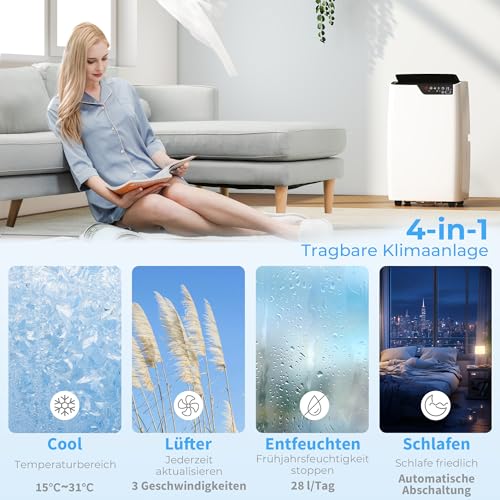 HOMCOM Mobiles Klimagerät mit Abluftschlauch 12000 BTU 3,5 kW, 4-in-1 Mobile Klimaanlage mit Kühlen, Ventilieren, Entfeuchten, Schlafmodus