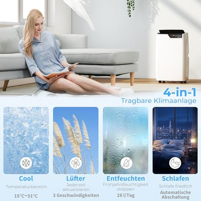 HOMCOM Mobiles Klimagerät mit Abluftschlauch 12000 BTU 3,5 kW, 4-in-1 Mobile Klimaanlage mit Kühlen, Ventilieren, Entfeuchten, Schlafmodus